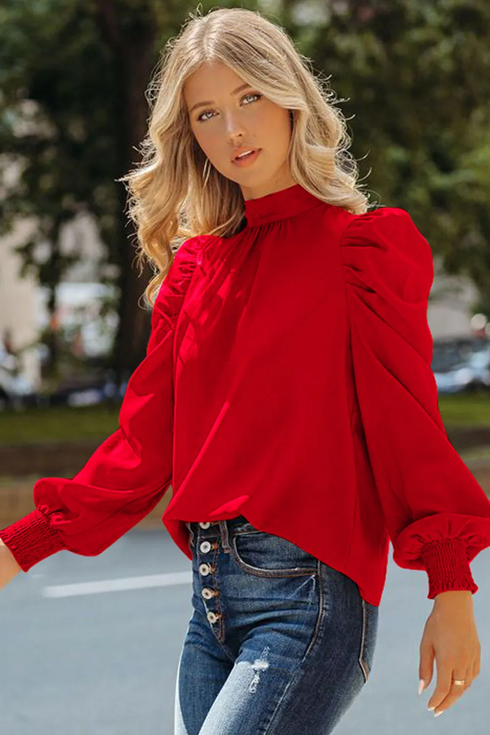 Womens High Neck Puff Long Sleeve Dressy Casual Work Loose Blouses Tops Shirts