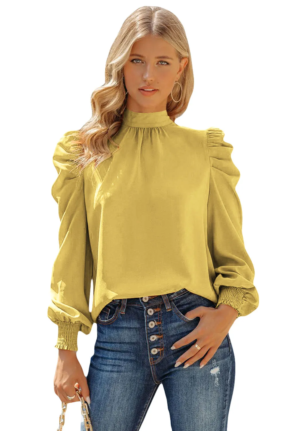 Womens High Neck Puff Long Sleeve Dressy Casual Work Loose Blouses Tops Shirts