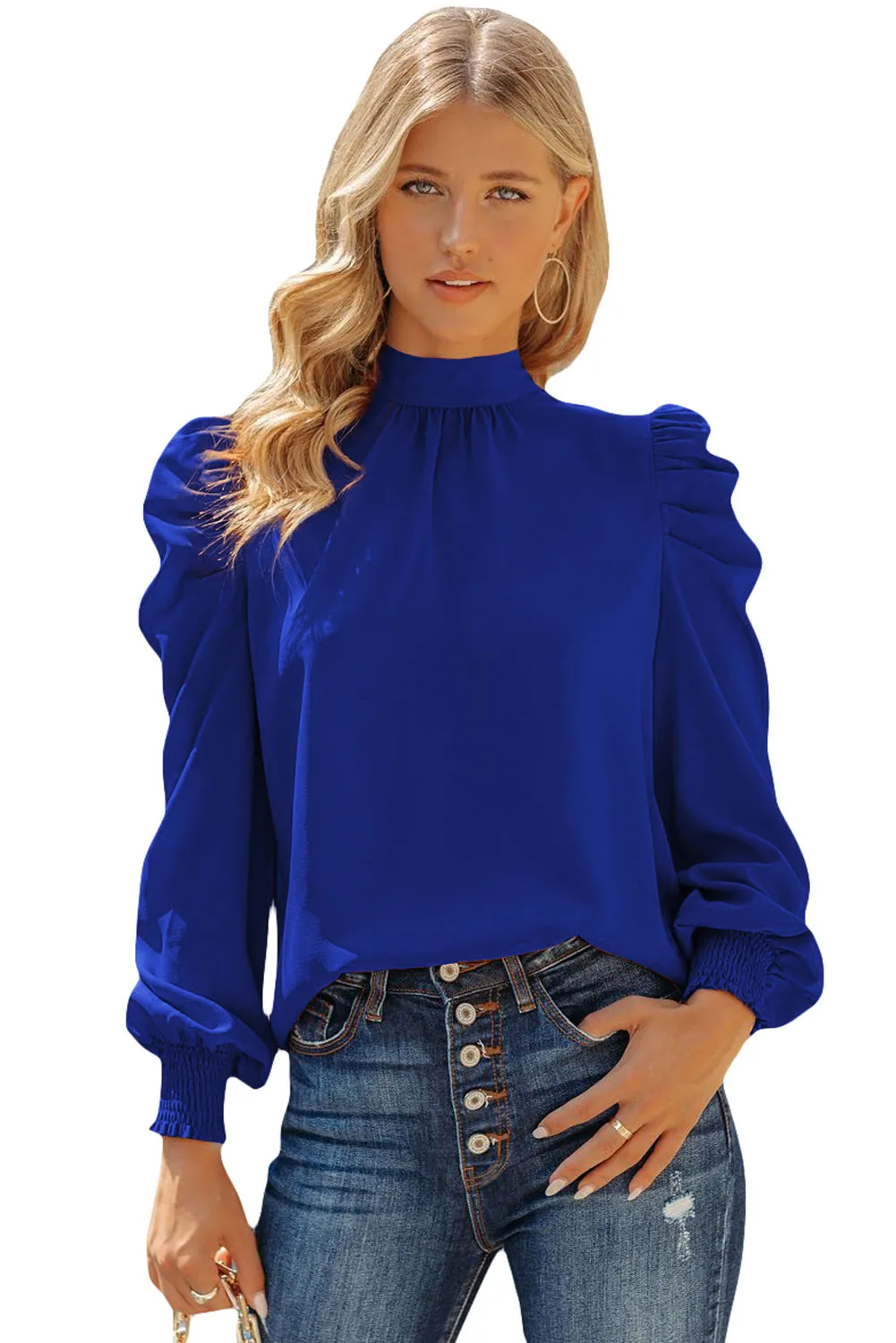 Womens High Neck Puff Long Sleeve Dressy Casual Work Loose Blouses Tops Shirts