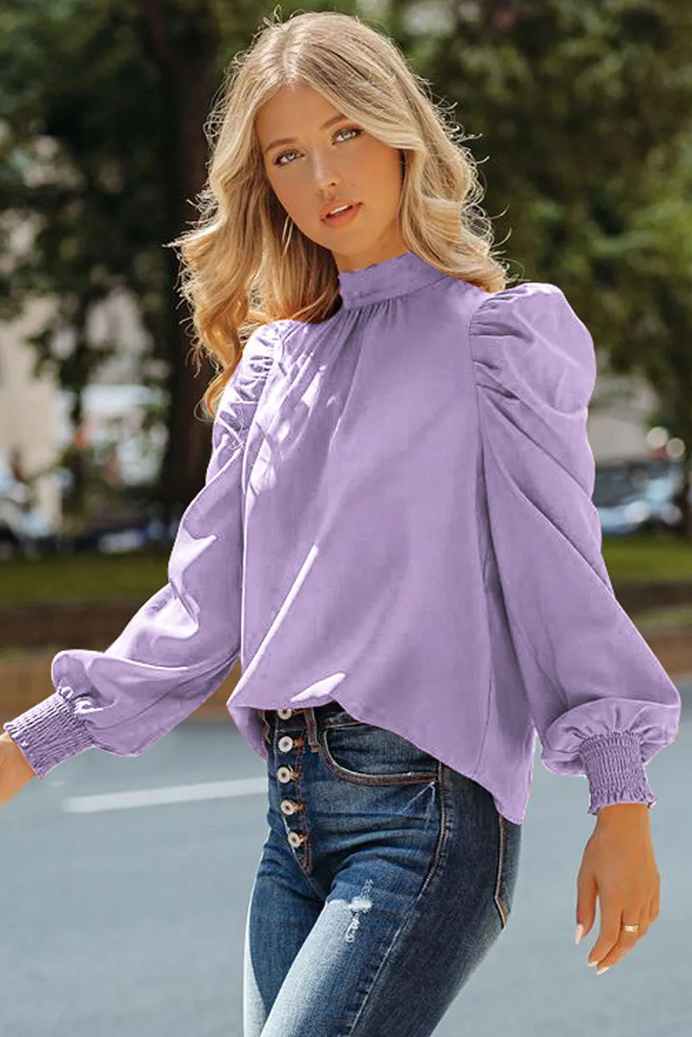 Womens High Neck Puff Long Sleeve Dressy Casual Work Loose Blouses Tops Shirts