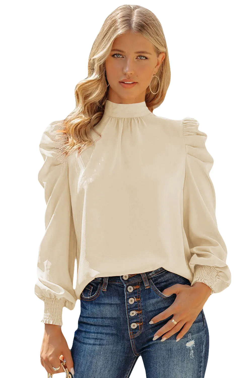 Womens High Neck Puff Long Sleeve Dressy Casual Work Loose Blouses Tops Shirts