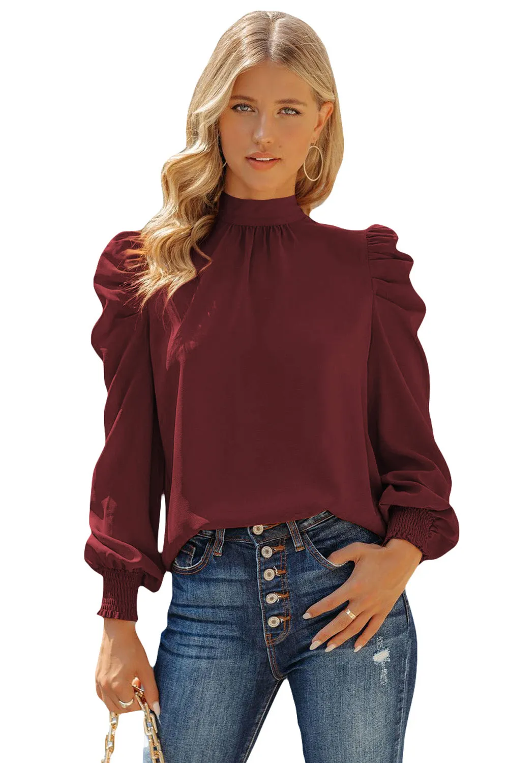 Womens High Neck Puff Long Sleeve Dressy Casual Work Loose Blouses Tops Shirts