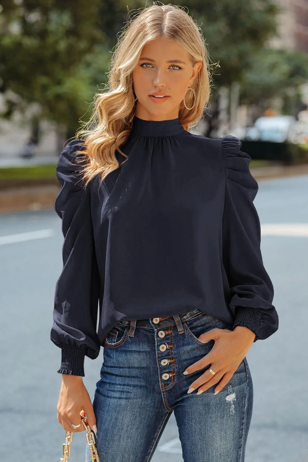 Womens High Neck Puff Long Sleeve Dressy Casual Work Loose Blouses Tops Shirts