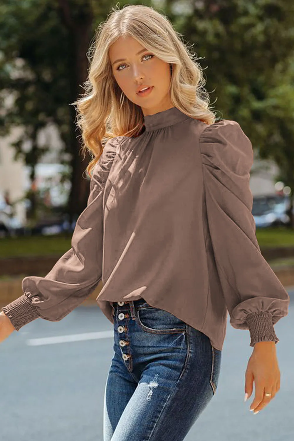 Womens High Neck Puff Long Sleeve Dressy Casual Work Loose Blouses Tops Shirts