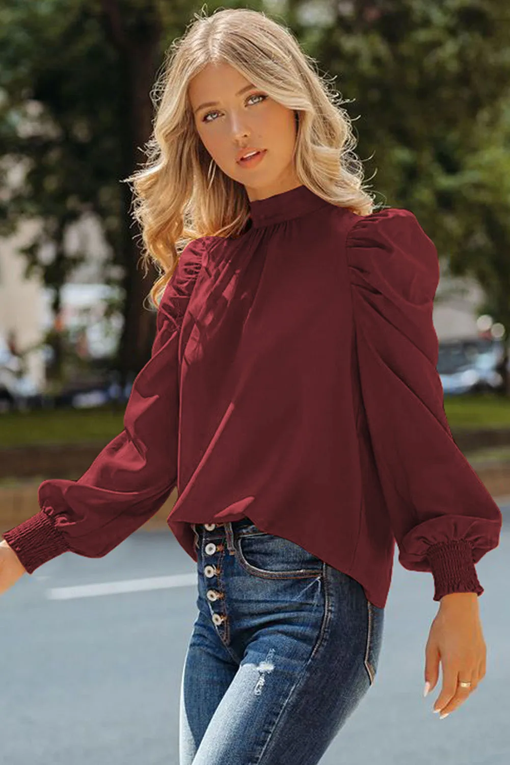 Womens High Neck Puff Long Sleeve Dressy Casual Work Loose Blouses Tops Shirts