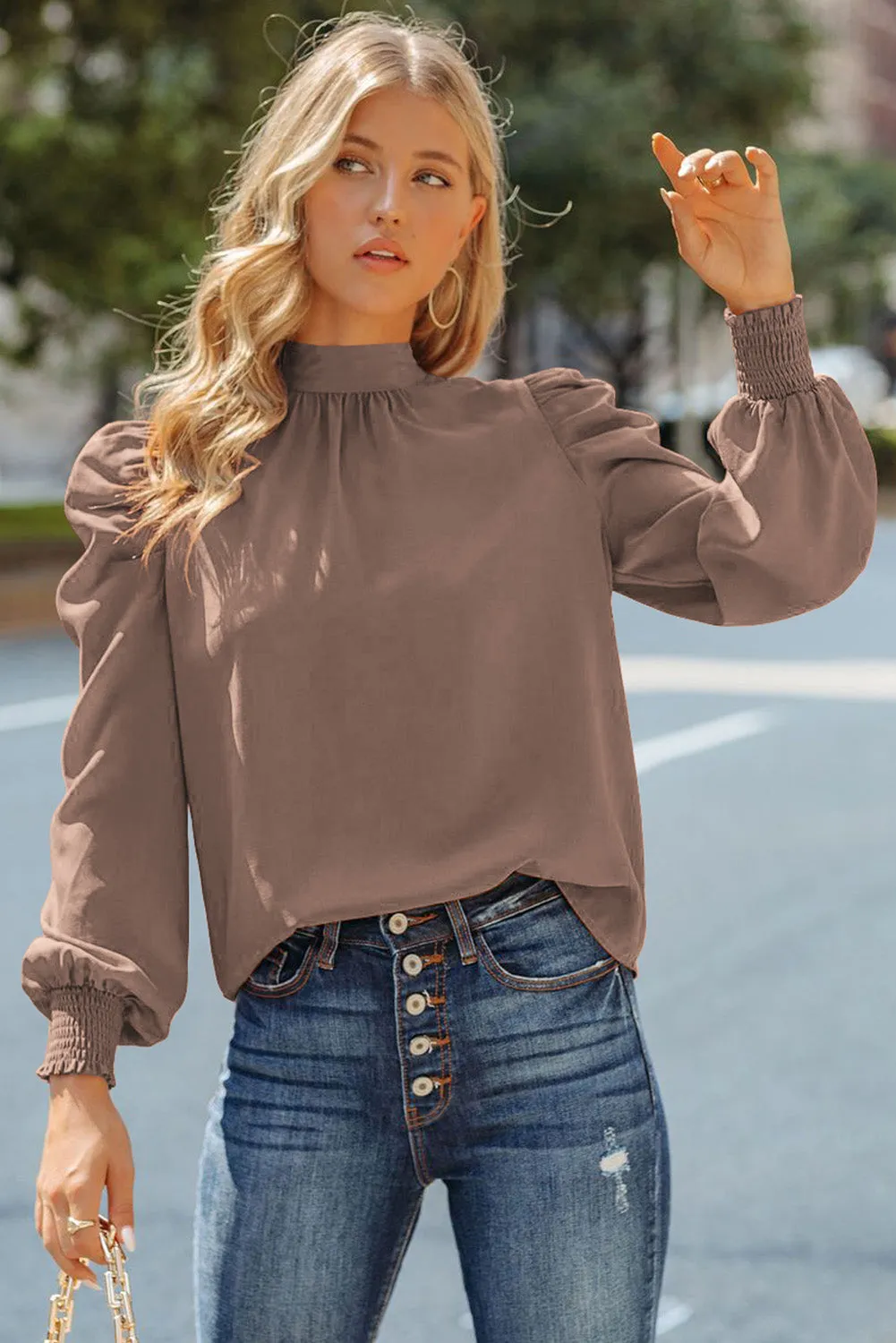 Womens High Neck Puff Long Sleeve Dressy Casual Work Loose Blouses Tops Shirts