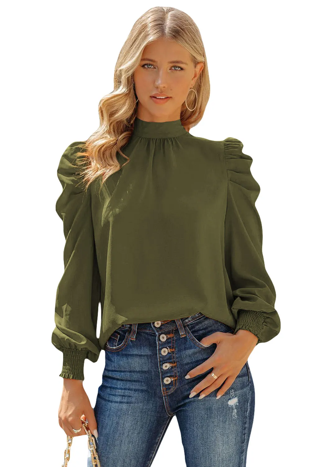 Womens High Neck Puff Long Sleeve Dressy Casual Work Loose Blouses Tops Shirts