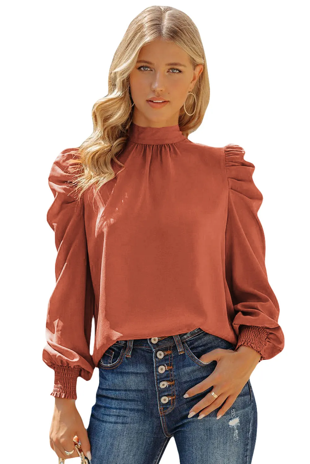 Womens High Neck Puff Long Sleeve Dressy Casual Work Loose Blouses Tops Shirts