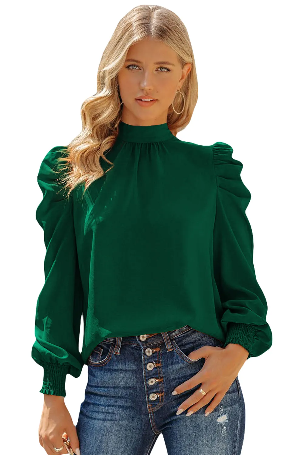 Womens High Neck Puff Long Sleeve Dressy Casual Work Loose Blouses Tops Shirts