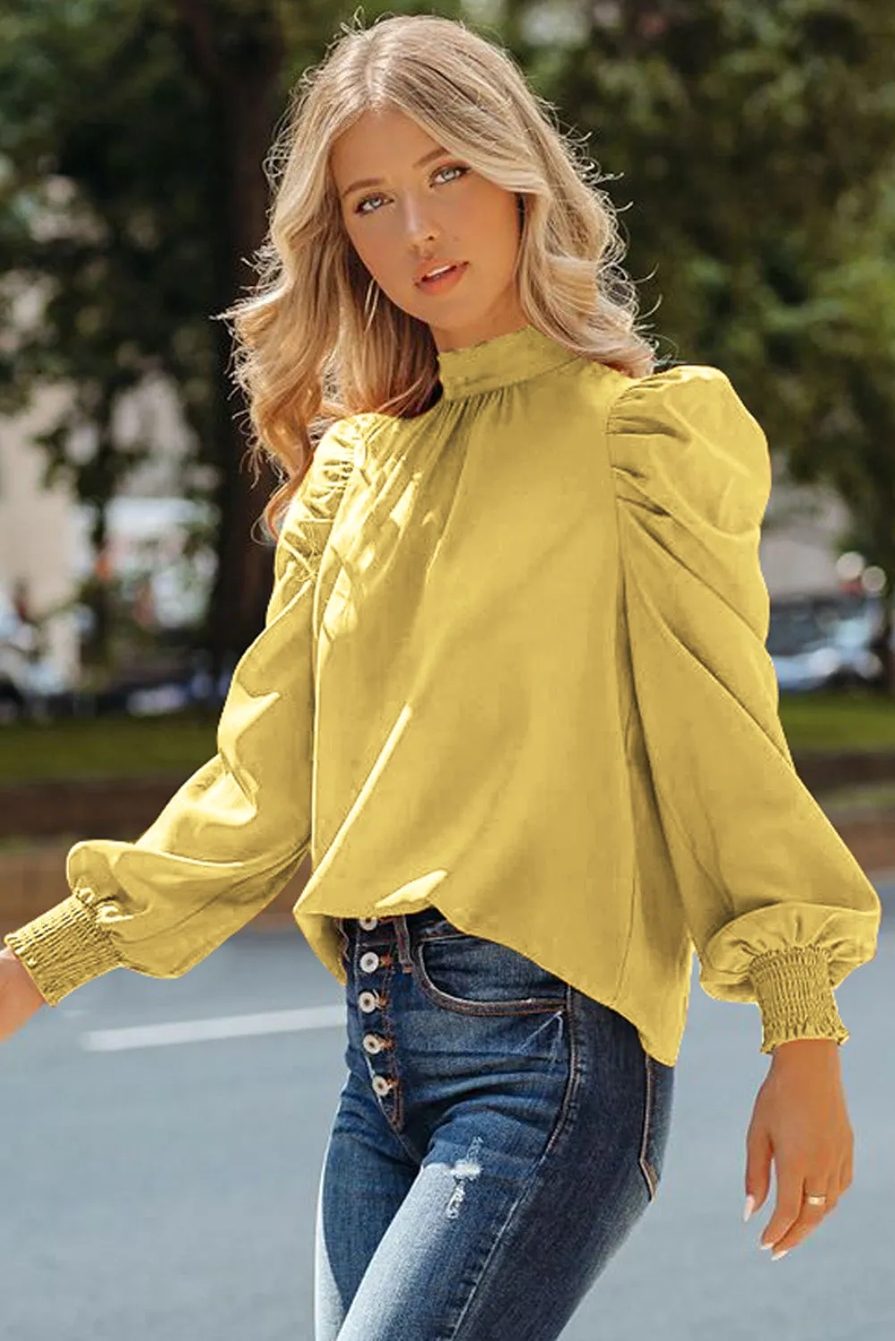 Womens High Neck Puff Long Sleeve Dressy Casual Work Loose Blouses Tops Shirts