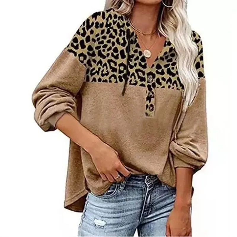 Womens V-Neck Long Sleeve Splicing Printed Casual Shirts