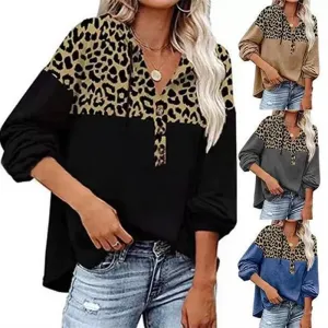 Womens V-Neck Long Sleeve Splicing Printed Casual Shirts