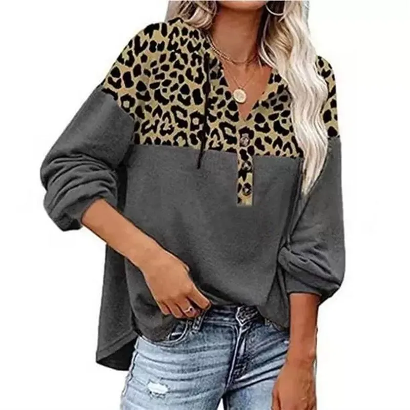 Womens V-Neck Long Sleeve Splicing Printed Casual Shirts