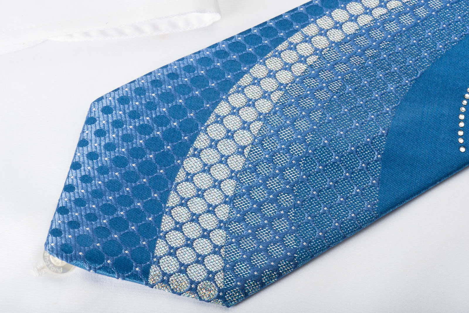 Yezak Silk Rhinestone Necktie Silver Geometric On Blue With Silver Sparkles